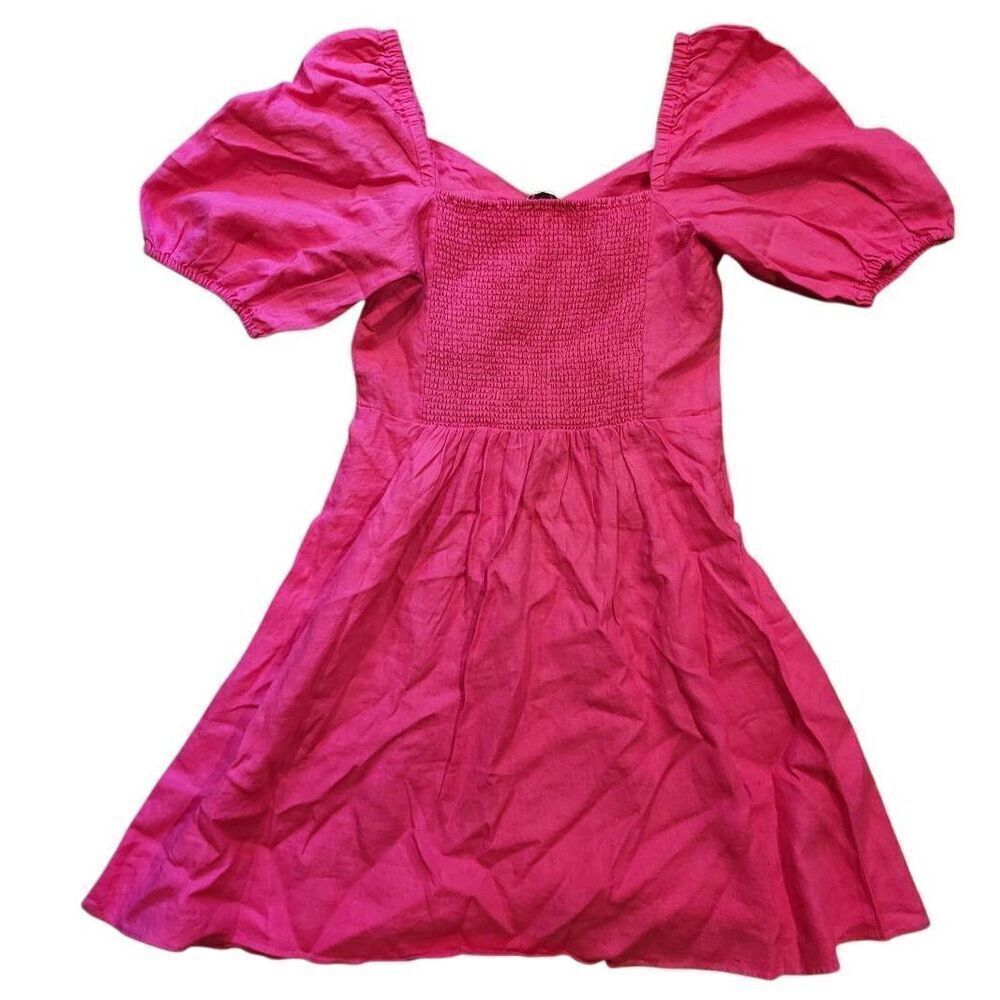 NWT The Drop Dress Women's Small Pink Nala Puff Sleeve Linen Mini Smocked - Picture 3 of 5